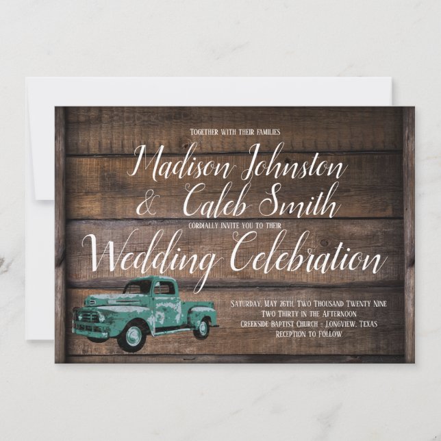 Invitación Viejo Camión Rústico Boda de Madera de Barno (Anverso)