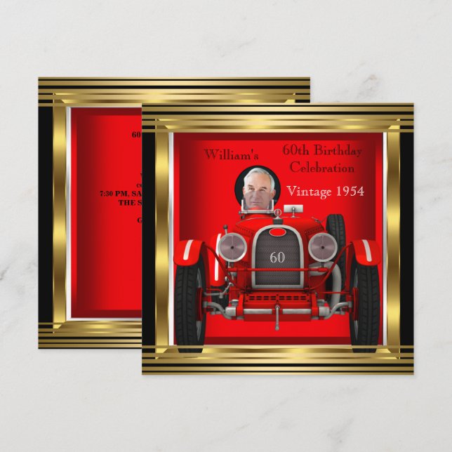 Invitación Viejo coche de Carreras roja Mans 60th Birthday Ph (Anverso / Reverso)