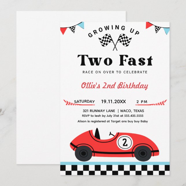 Invitación Viejo coche de raza roja dos cumpleaños rápido (Anverso / Reverso)