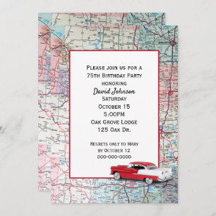 Invitación Viejo Coche En El Mapa 75º Cumpleaños
