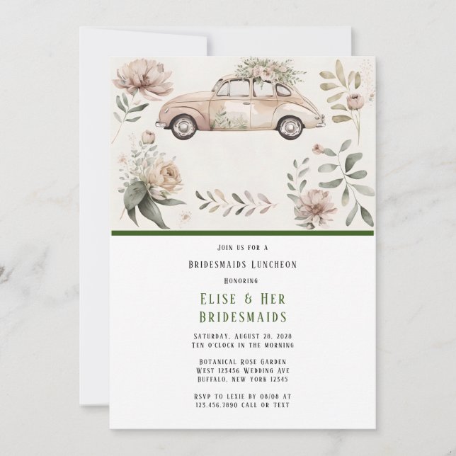 Invitación Viejo Coche Floral Bridesmaids Luncheon (Anverso)