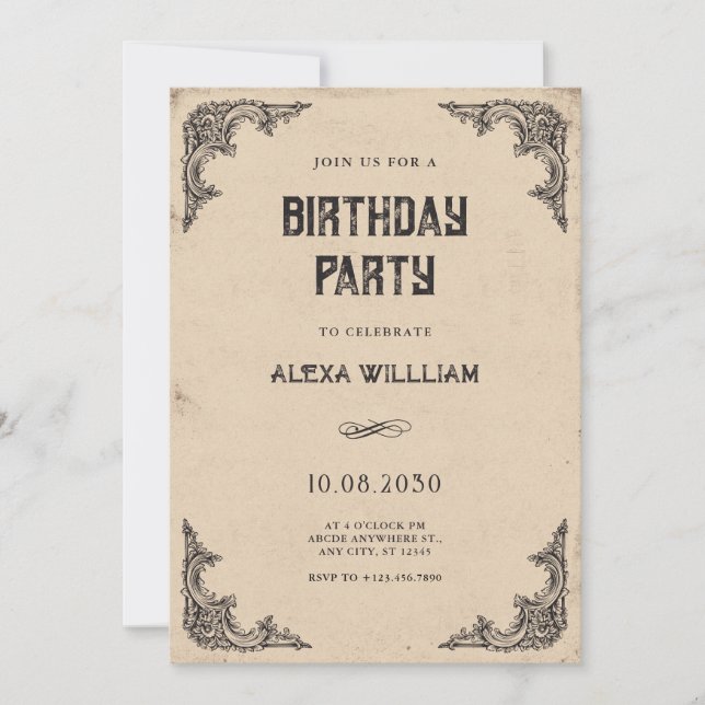 Invitación Viejo cumpleaños barroco (Anverso)