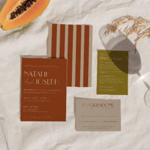 Invitación Viejo Dinero Naranja Quemado Rayas Doradas Boda