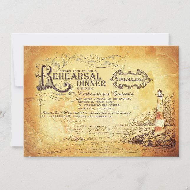 Invitación Viejo faro vintage cena de ensayo náutico (Anverso)