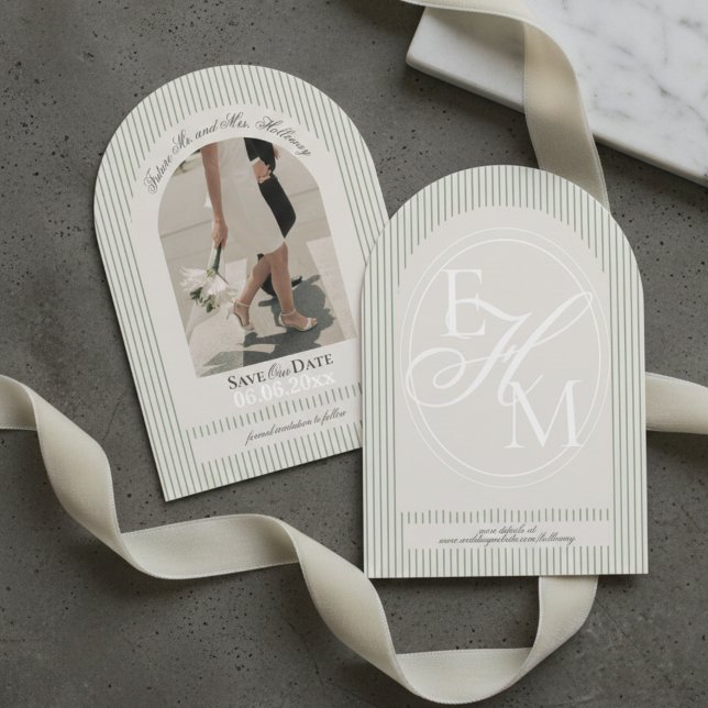 Invitación Viejo guión de dinero Green Stripe Photo Save the  (Old Money Script Green Stripe Photo Save the Date Invitation)