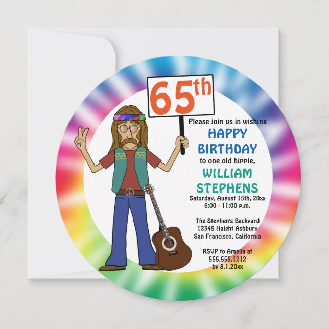 Invitación Viejo Hippie Hippy Tie Dye 65ª fiesta de cumpleaño (Anverso)