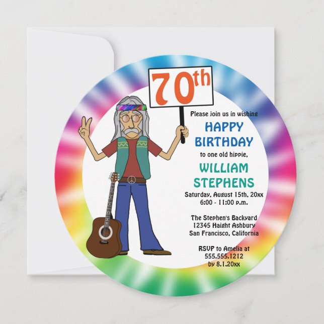 Invitación Viejo Hippie Hippy Tie Dye 70 cumpleaños (Anverso)