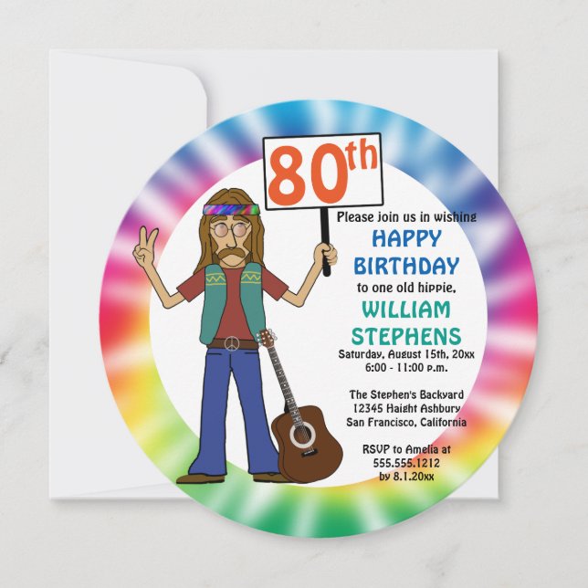 Invitación Viejo Hippie Hippy Tie Dye 80 cumpleaños (Anverso)