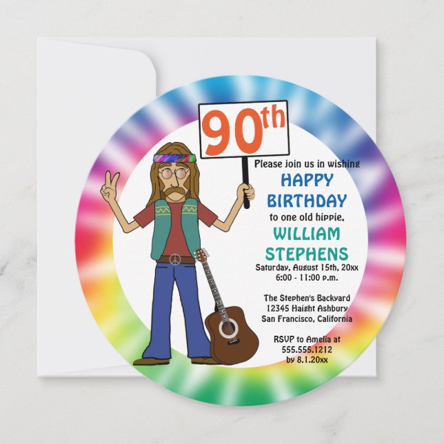Invitación Viejo Hippie Hippy Tie Dye 90 cumpleaños (Anverso)