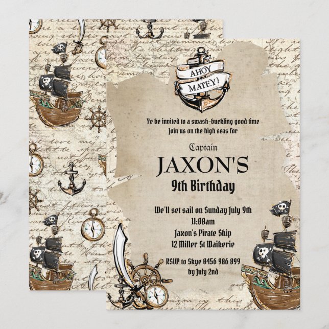 Invitación Viejo mapa del partido de cumpleaños del pirata Vi (Anverso / Reverso)
