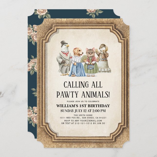 Invitación Viejo niño de la Pawty Animals de Victoria Cumplea (Anverso / Reverso)