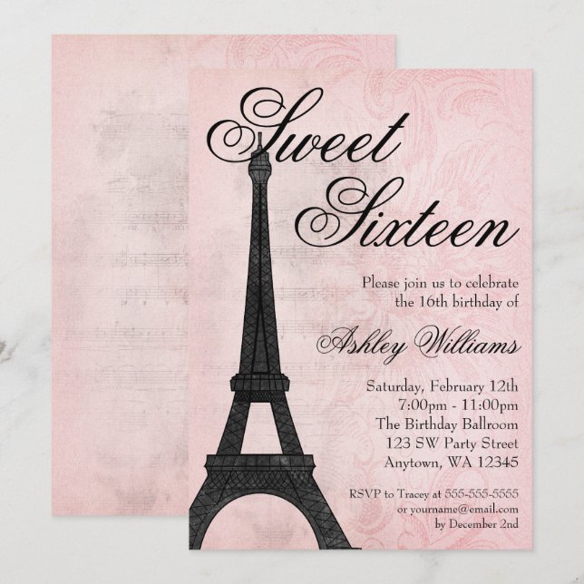 Invitación Viejo París dulce negro rosado 16 cumpleaños (Anverso / Reverso)