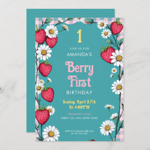 Invitación Viejo Pink Gingham & Strawberries Primer Cumpleaño