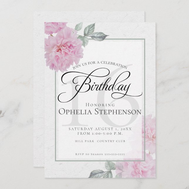 Invitación Viejo Pink Peonies Dulce Dieciséis Cumpleaños (Anverso / Reverso)
