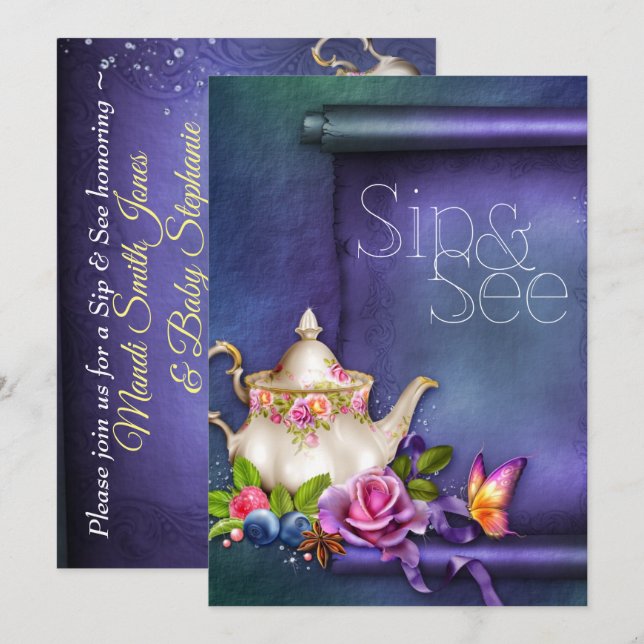 Invitación Viejos Rosas ingleses Tea Fiesta Sip y Ver Baby Sh (Anverso / Reverso)