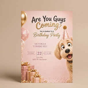 Invitación ¿Vienen chicos? Cumpleaños divertido perro rosa pá