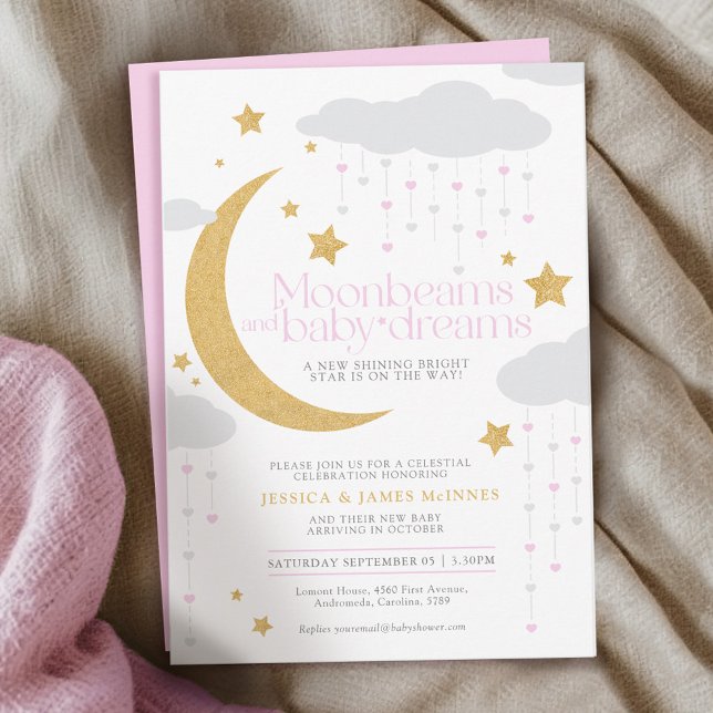 Invitación Vigas de luna y sueños de bebé ducha de bebé rosa (Subido por el creador)