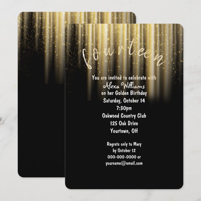 Invitación Vigas de sol de cumpleaños doradas y purpurina (Anverso / Reverso)