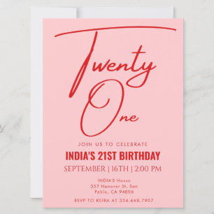 Invitación Vigésimo primer cumpleaños de color rosa rojo