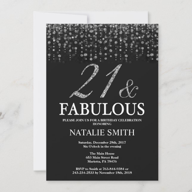 Invitación Vigésimo primer cumpleaños y fabulosa plata (Anverso)
