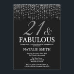 Invitación Vigésimo primer cumpleaños y fabulosa plata<br><div class="desc">Invitación al cumpleaños 21. Veintiún y fabuloso. Negro y plateado.Diamantina plateada.Fiesta de cumpleaños para adultos. Para hombres o mujeres.
Para más personalización,  haga clic en el botón "Personalizar" y utilice nuestra herramienta de diseño para modificar esta plantilla.</div>