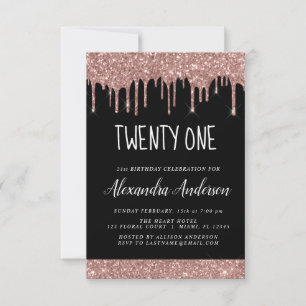 Invitación Vigésimo primer Rosa Purpurina Gold Cumpleaños