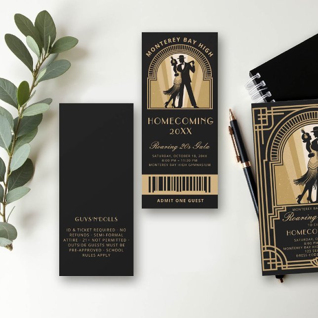Invitación Vigilia boleto escolar Art Déco de 2010 con regres (homecoming prom school event ticket roaring 20s gatsby flapper dancing black gold)