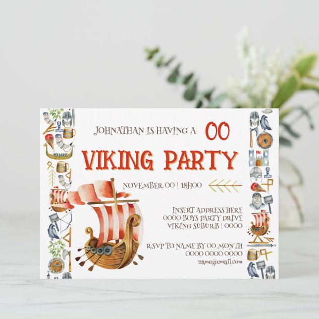 Invitación Viking Birthday Invitation Boys 1–7 Galleon ship (Anverso de pie)