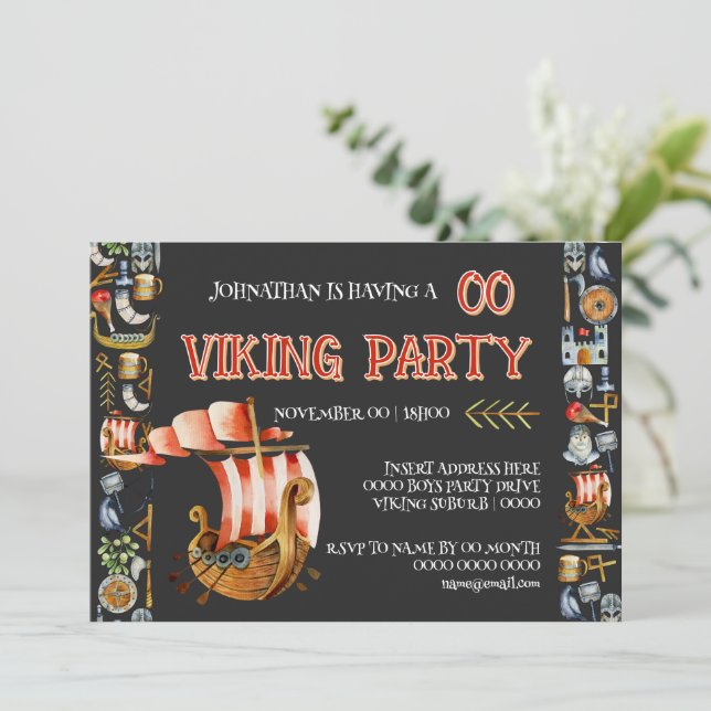 Invitación Viking Birthday Invitation Boys 1–7 Navy blue red (Anverso de pie)
