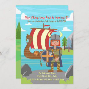 Invitación Viking Boy posando frente al Fiesta del barco Viki