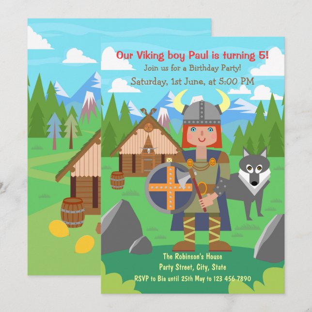 Invitación Viking Boy warrior y mascota woolf Fiesta de cumpl (Anverso / Reverso)