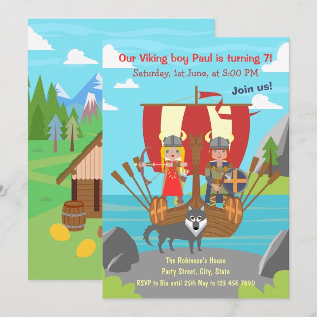 Invitación Viking boy y chica en la fiesta de cumpleaños del  (Anverso / Reverso)