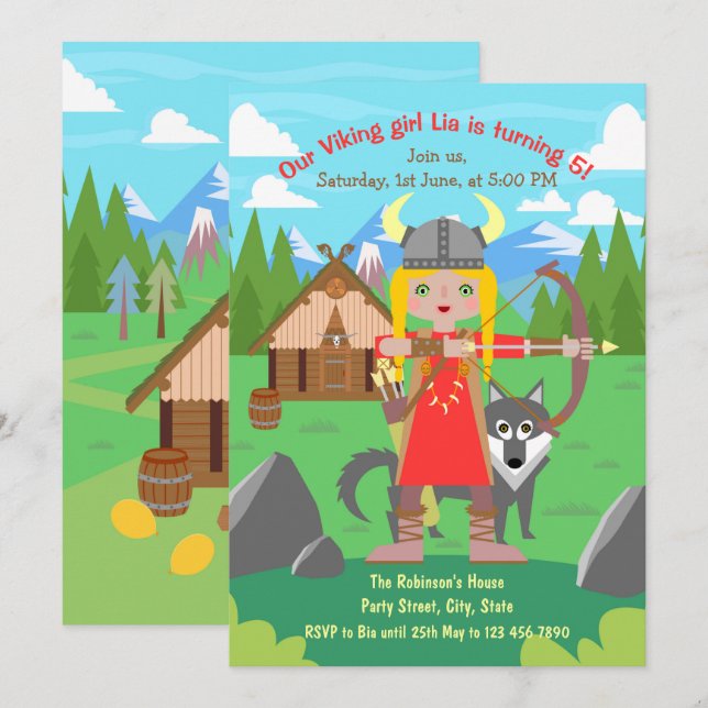 Invitación Viking Chica con arco y mascota de lobos Fiesta de (Anverso / Reverso)