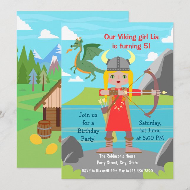 Invitación Viking Chica con fiesta de cumpleaños de dragón (Anverso / Reverso)