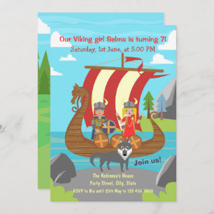 Invitación Viking chica y niño en la fiesta de cumpleaños del