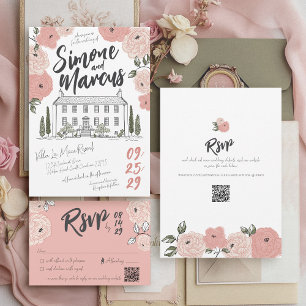 Invitación Villa Dusty Rosa Boda floral con mano única