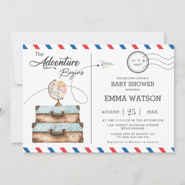 Invitación Viñage Suitcase Baby Shower Boy New Adventure (Anverso)