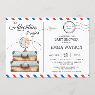 Invitación Viñage Suitcase Baby Shower Boy New Adventure