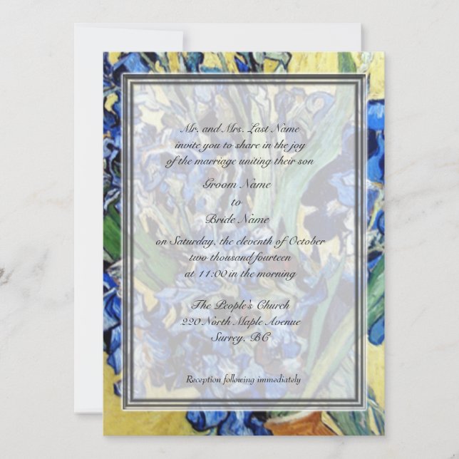 Invitación Vincent van Gogh, iris azules con fondo amarillo (Anverso)