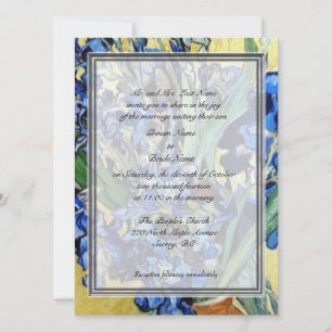 Invitación Vincent van Gogh, lirios azules sobre fondo amaril