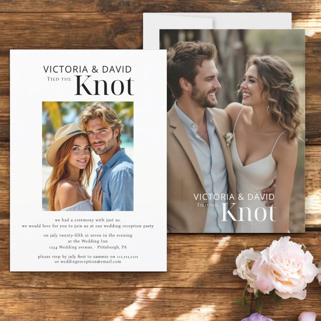 Invitación Vinculamos El Elopement De Knot/Recepción De Bodas (we tied the knot , elopment wedding reception invitation with two photo and modern typography)
