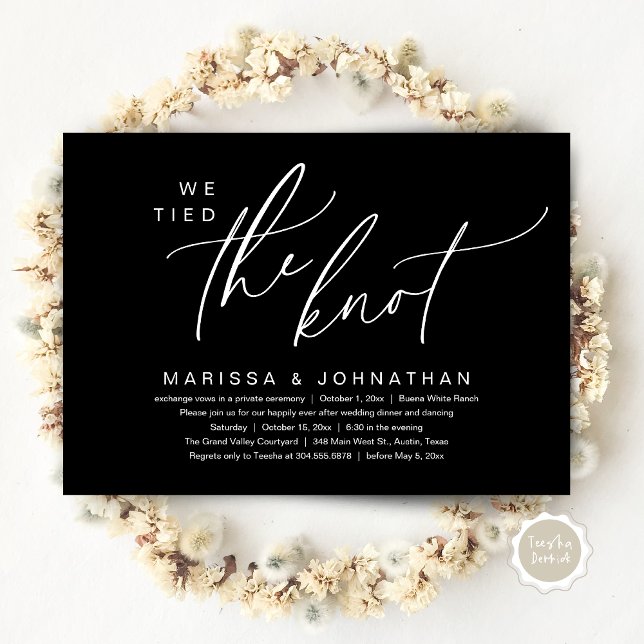 Invitación Vinculamos La Cena De Elopement Romántico Boda Kno (We tied the knot, Romantic Wedding Dinner Lunch Brunch Party Reception Invites Card PDF Classy Black)