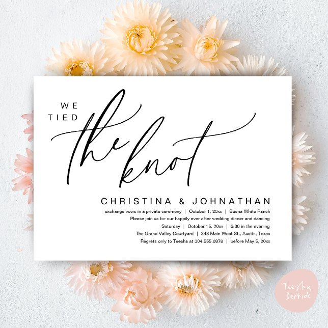 Invitación Vinculamos La Cena De Elopement Romántico Boda Kno (We tied the knot, Romantic Wedding Dinner Lunch Brunch Party Reception Invites Card PDF White Black)