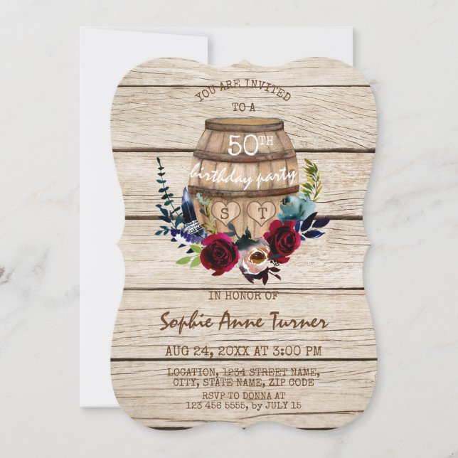 Invitación Vinery Floral Wine Barrel 50 cumpleaños fiesta (Anverso)