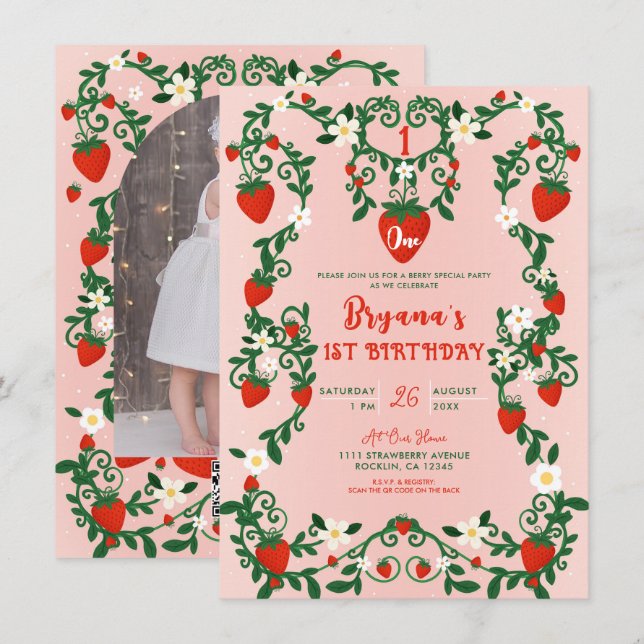 Invitación Vines Florales Rosadas y Rojas Fresa Cumpleaños 1 (Anverso / Reverso)