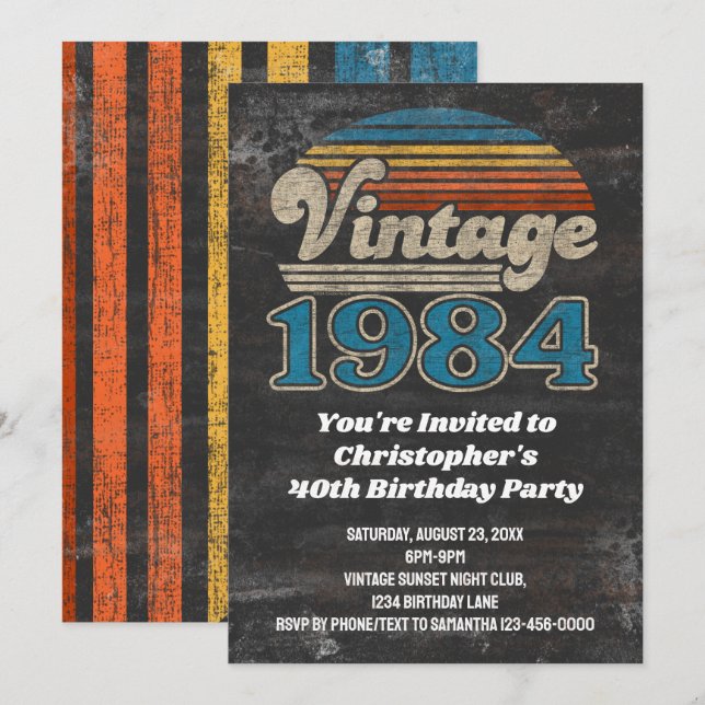 Invitación Viñeta 1984 Año de Nacimiento 40º cumpleaños Sunse (Anverso / Reverso)