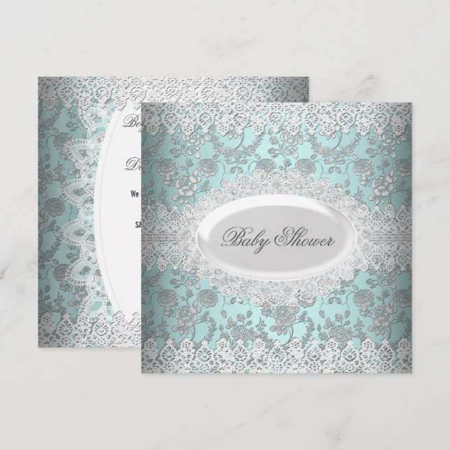 Invitación Viñeta Baby Shower Blue Lace Damask (Anverso / Reverso)