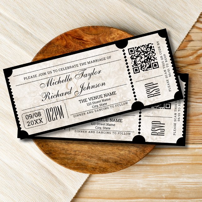 Invitación Viñeta de cine ruso con código QR RSVP (vintage damask movie ticket invitation)