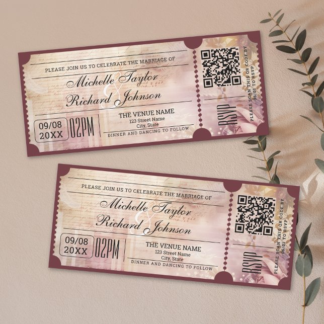 Invitación Viñeta de cine ruso con código QR RSVP (rustic maroon and blush pink movie ticket wedding invitation)