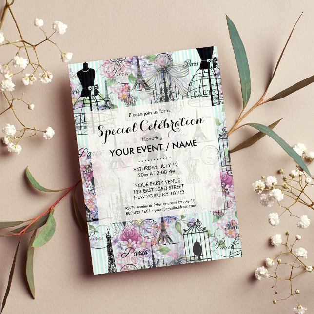 Invitación Viñeta de la Torre Eiffel (Vintage Eiffel Tower mannequin floral collage )